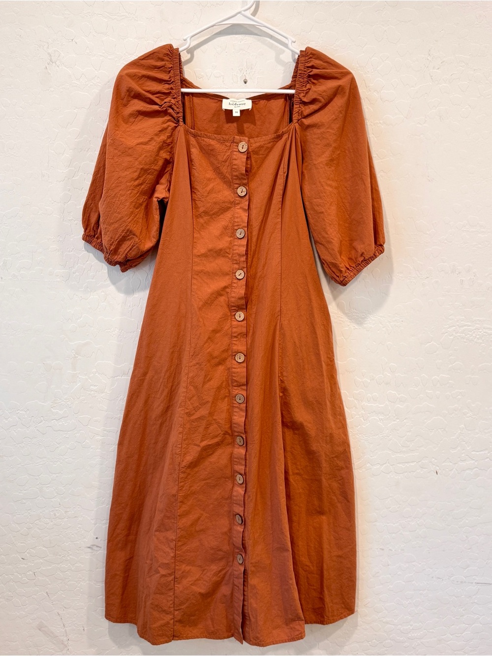 bohme Tan Button-Front Midi Dress Womens Medium Puff Sleeve Cotton Quiet Luxury